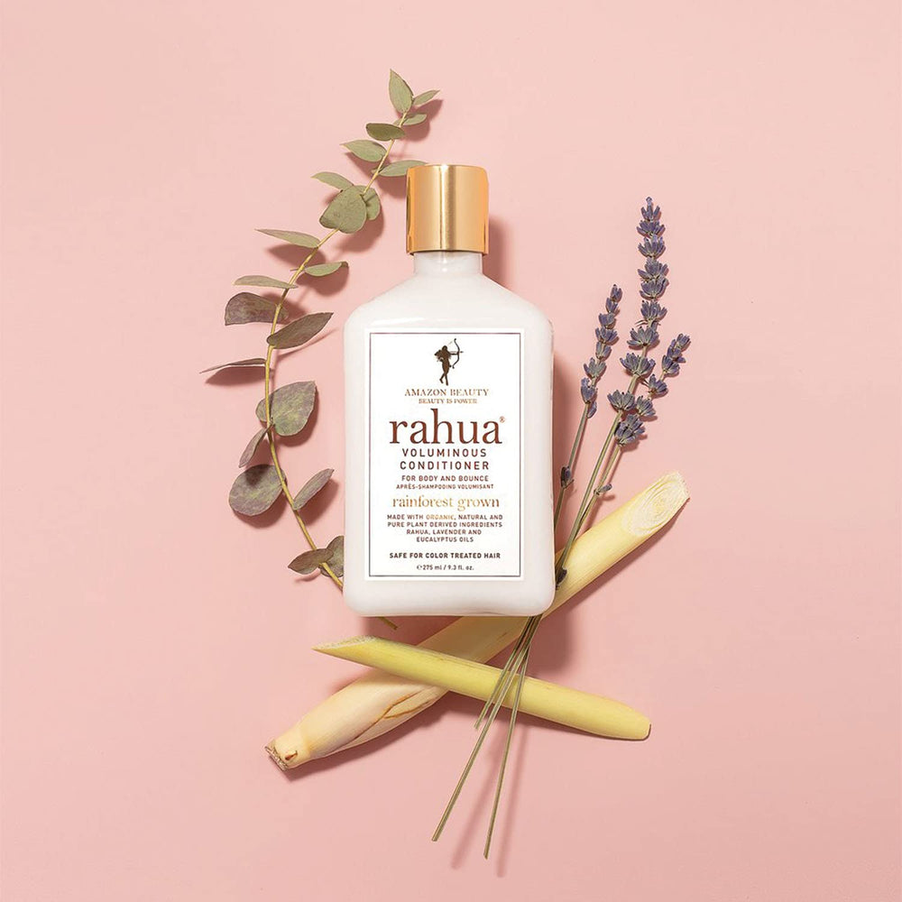 Close-up of Rahua Voluminous Conditioner bottle label emphasizing ingredients and branding