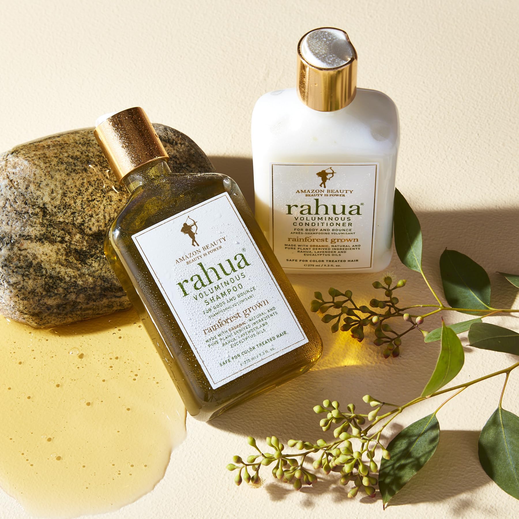 Rahua Voluminous Shampoo on bathroom shelf with calming ambience