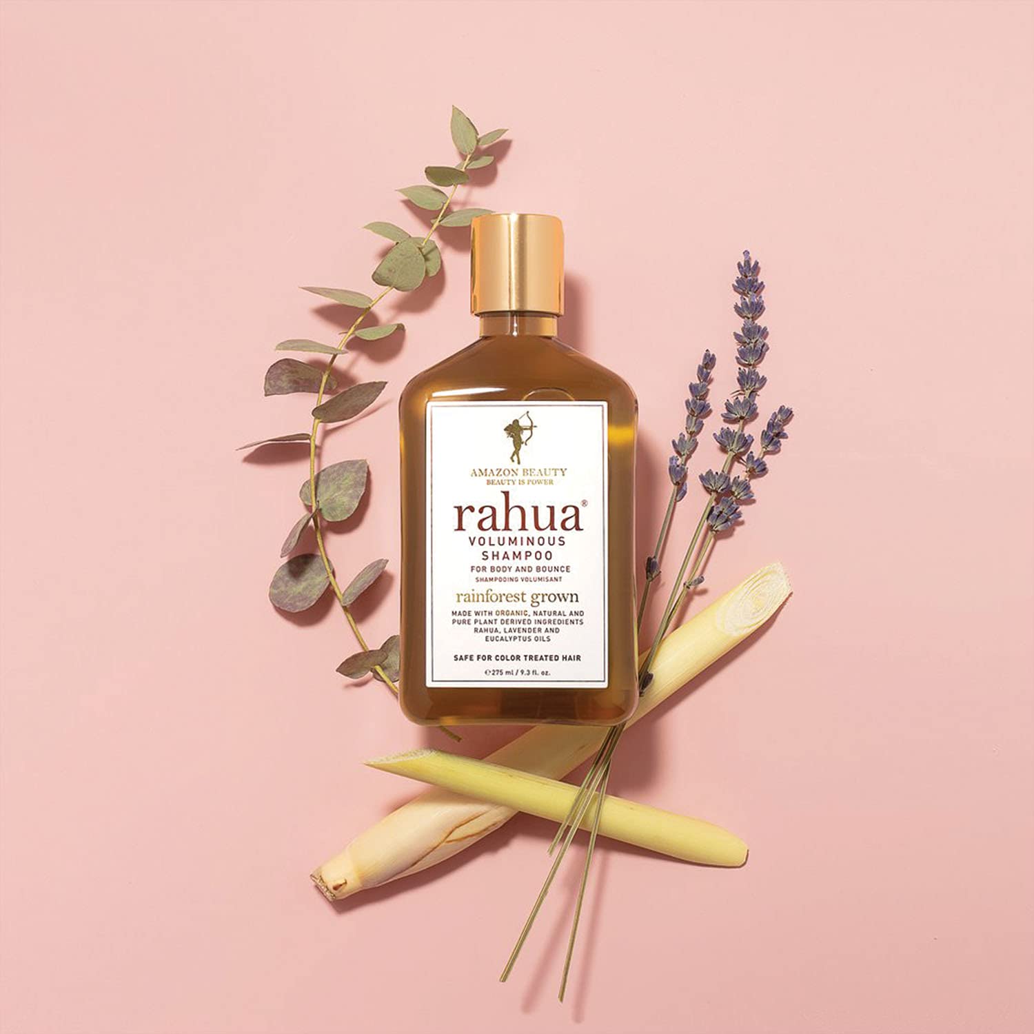Rahua Voluminous Shampoo nature-inspired packaging in bathroom setting