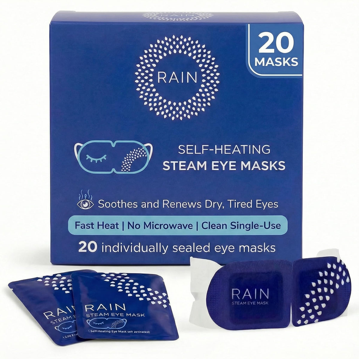 Rain mascarilla ocular autocalentante se activa al abrir, proporcionando calor inmediato.