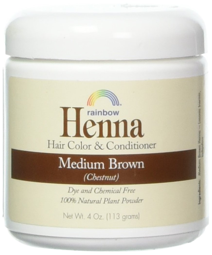 Rainbow Research Henna Hair Color Persian Brown bottle pouring to reveal natural color