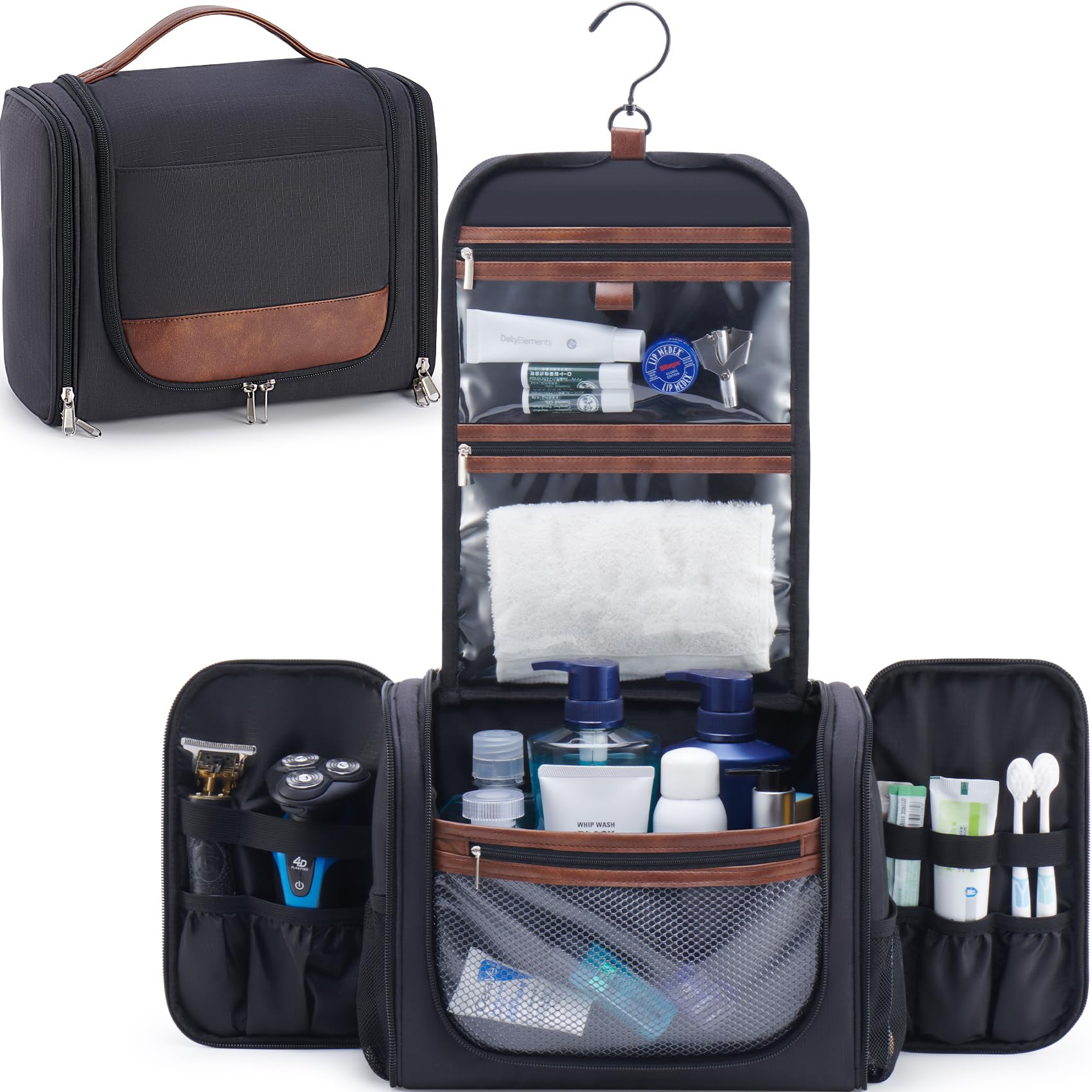 Ralnitote hanging toiletry bag, front view, shows spacious main compartment for full-size products