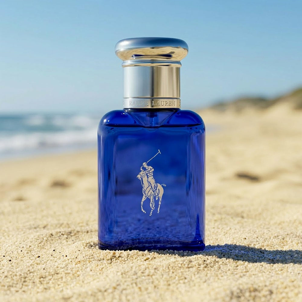 Ralph Lauren Polo Blue EDT bottle on ice surface evokes fresh coastal vibe.