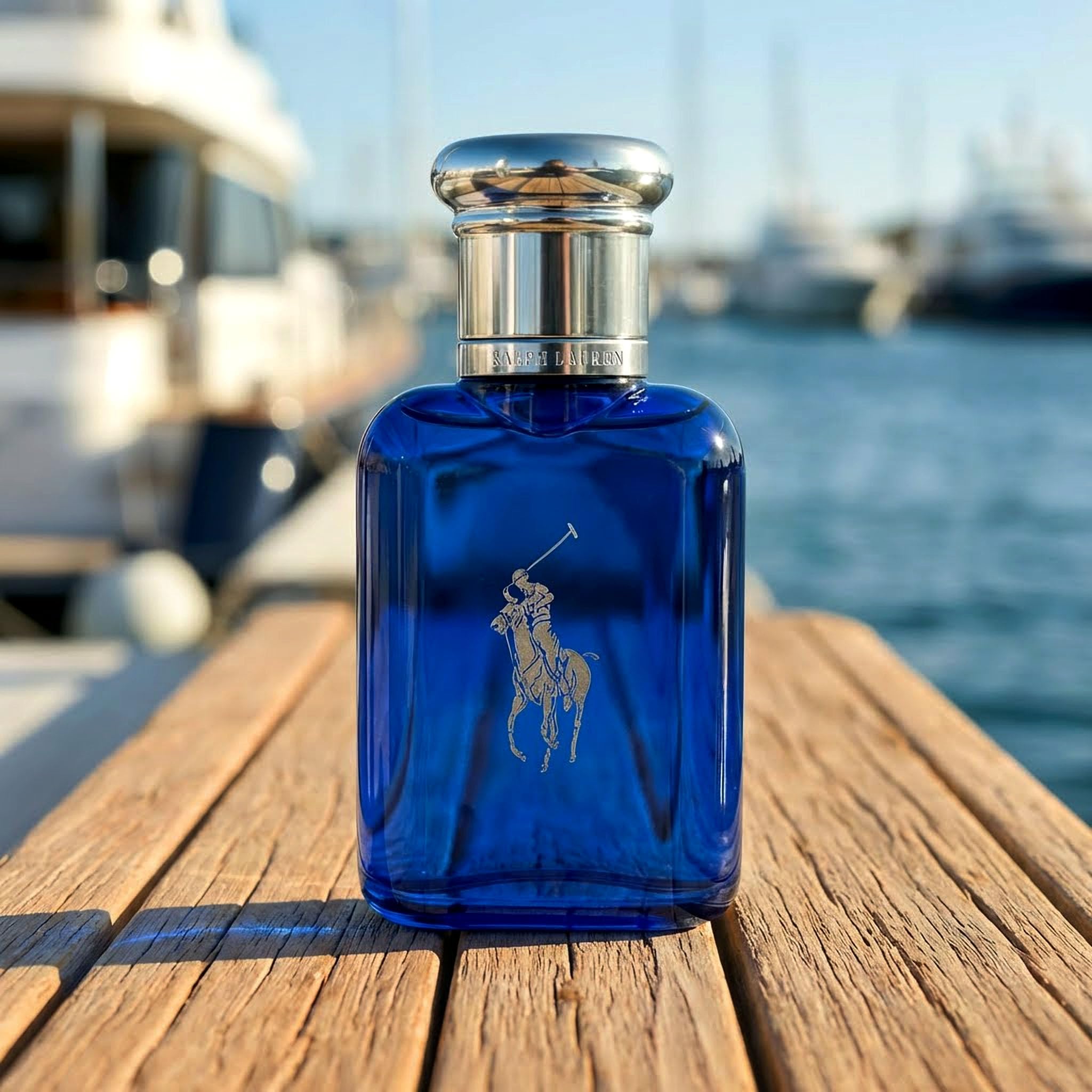 Ralph Lauren Polo Blue EDT bottle on shelf conveys refined, versatile fragrance.