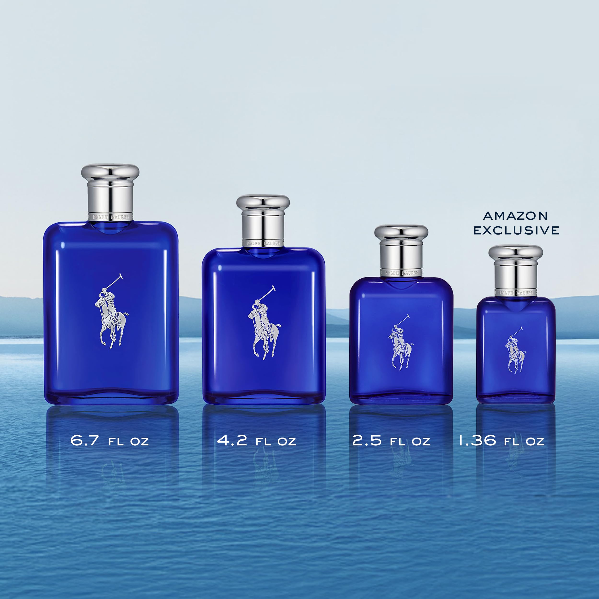 Ralph Lauren Polo Blue EDT bottle side view shows sleek, masculine design.