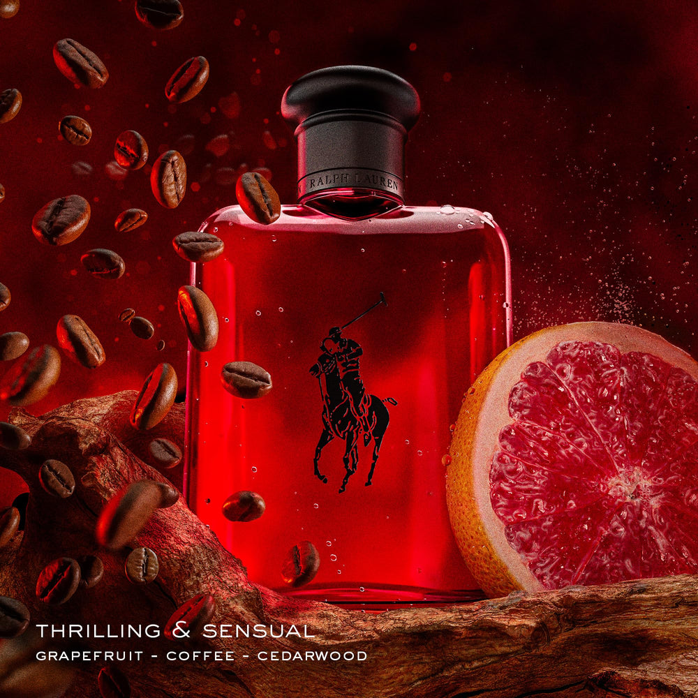 Ralph Lauren Polo Red bottle curves with matte black accents, modern luxury.