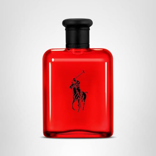 Ralph Lauren Polo Red bottle radiates luxury lighting for shelf display.