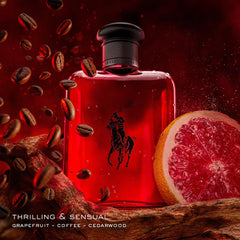 Polo Red bottle side view highlights sleek, confident contours.