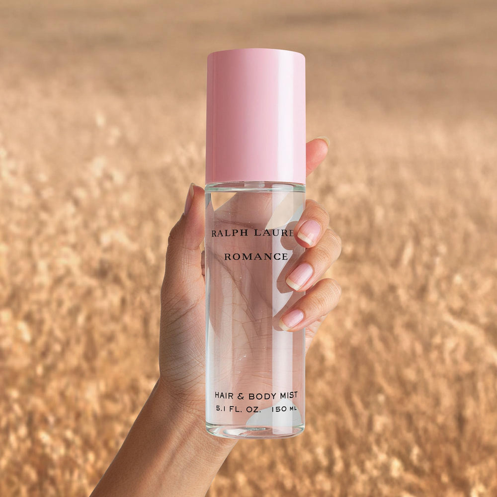 Ralph Lauren Romance hair mist bottle display highlights elegant packaging.