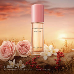 Ralph Lauren Romance hair mist applied to hair to refresh scent with dewy rose.
