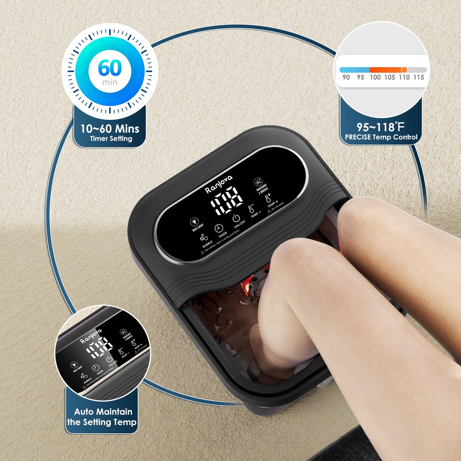 Ranjova foot spa shows precise temperature control for a comfortable soak.