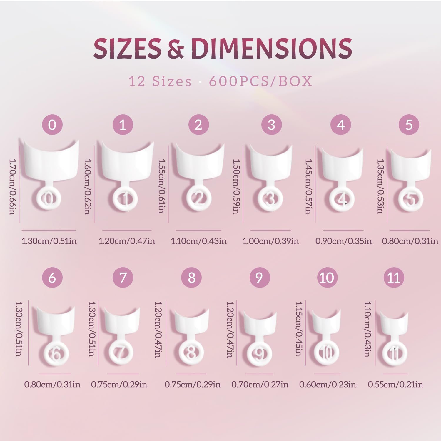 Ranrose 12-size nail tips box grid for quick size matching.