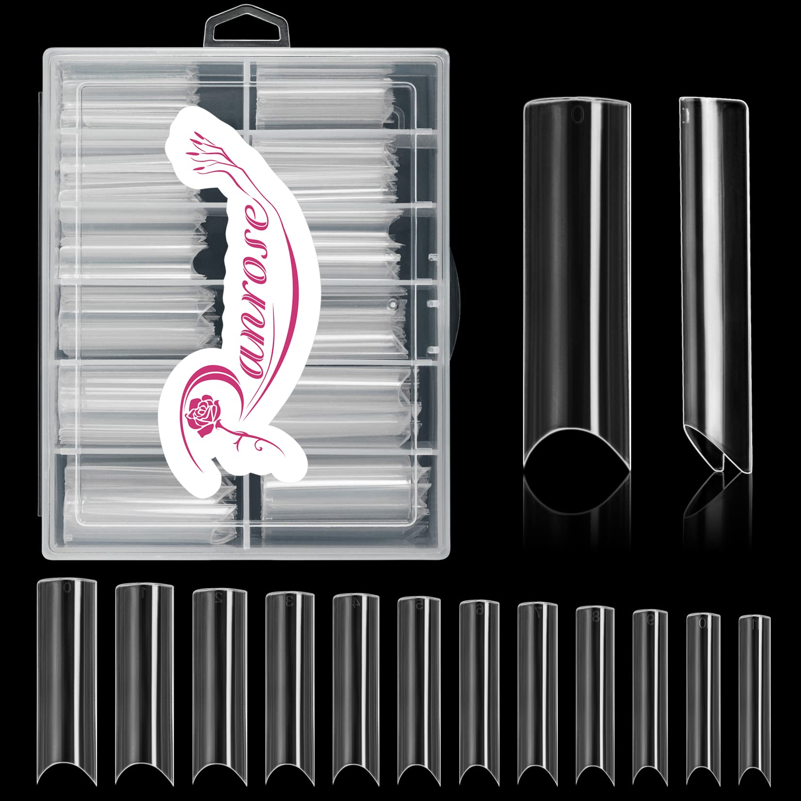 Ranrose extra-long nail tips in box with clear numbering for quick size selection.
