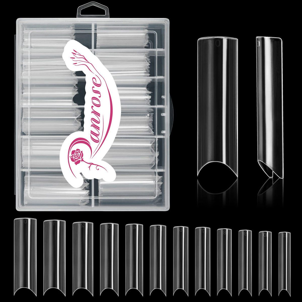 Ranrose extra-long nail tips in box with clear numbering for quick size selection.
