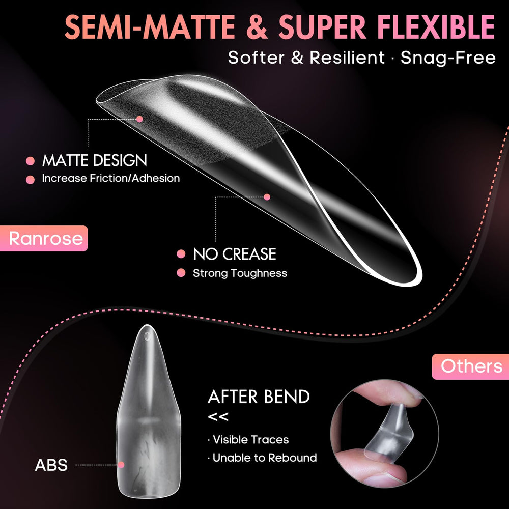 Ranrose full-cover nail tips in clear finish for quick salon-like extensions.