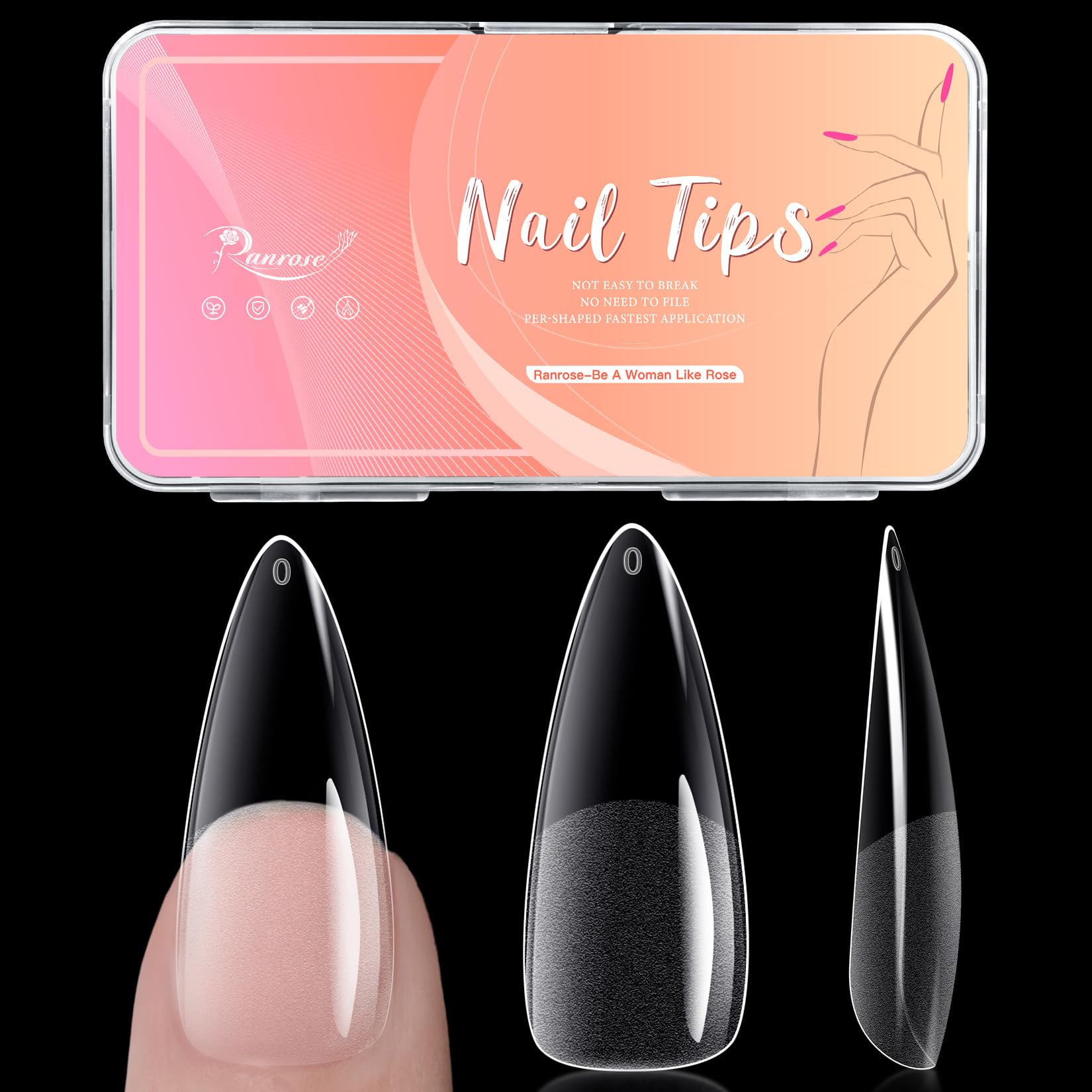 Ranrose long almond nail tips set with 240 pieces in 12 sizes for precise fit.
