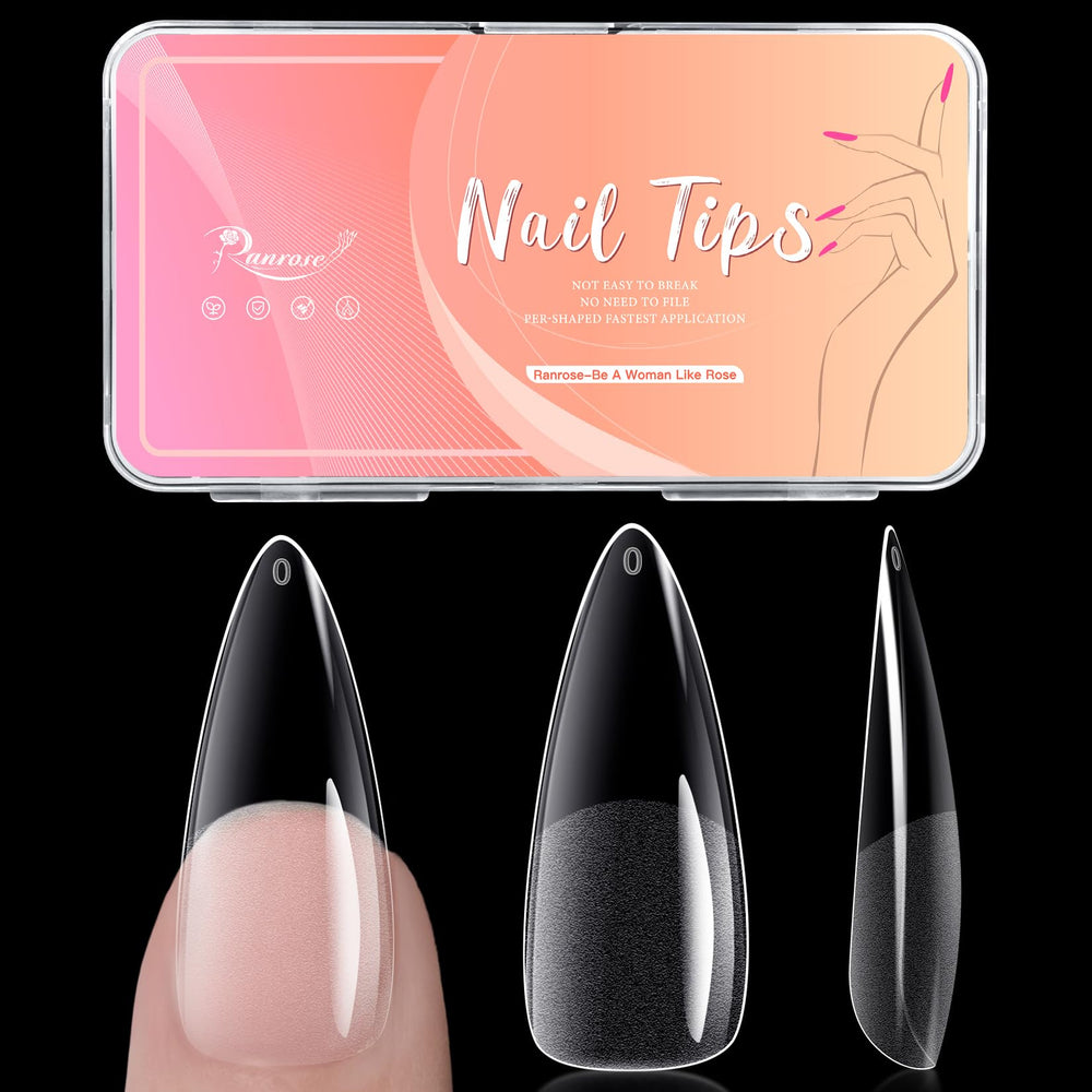 Ranrose long almond nail tips set with 240 pieces in 12 sizes for precise fit.