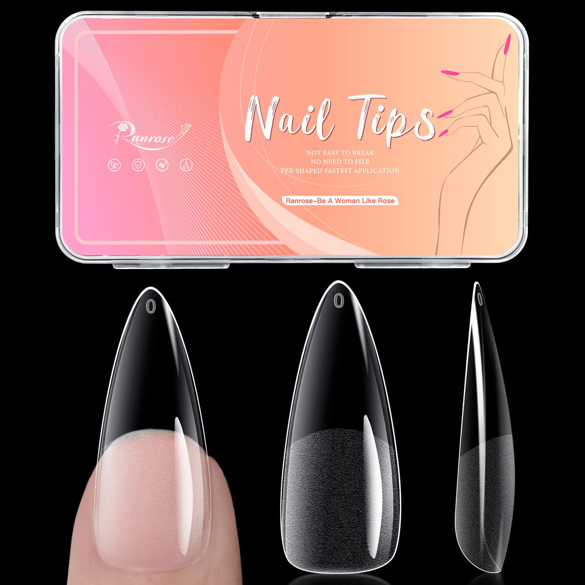 Ranrose long almond nail tips set with 240 pieces in 12 sizes for precise fit.