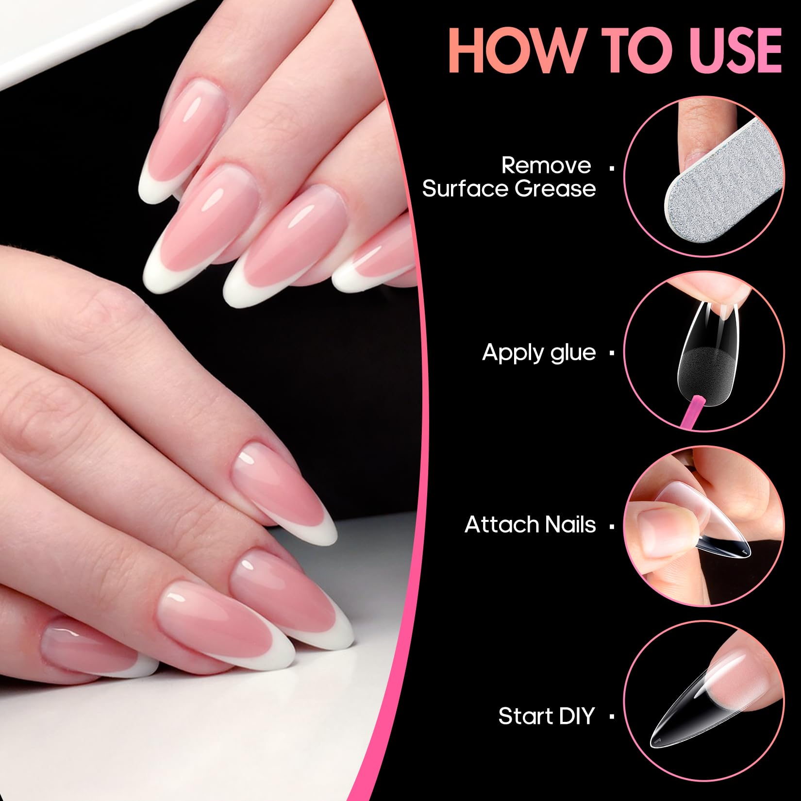 Ranrose prebuffed adhesion on nail tips improves edge bonding for durability.