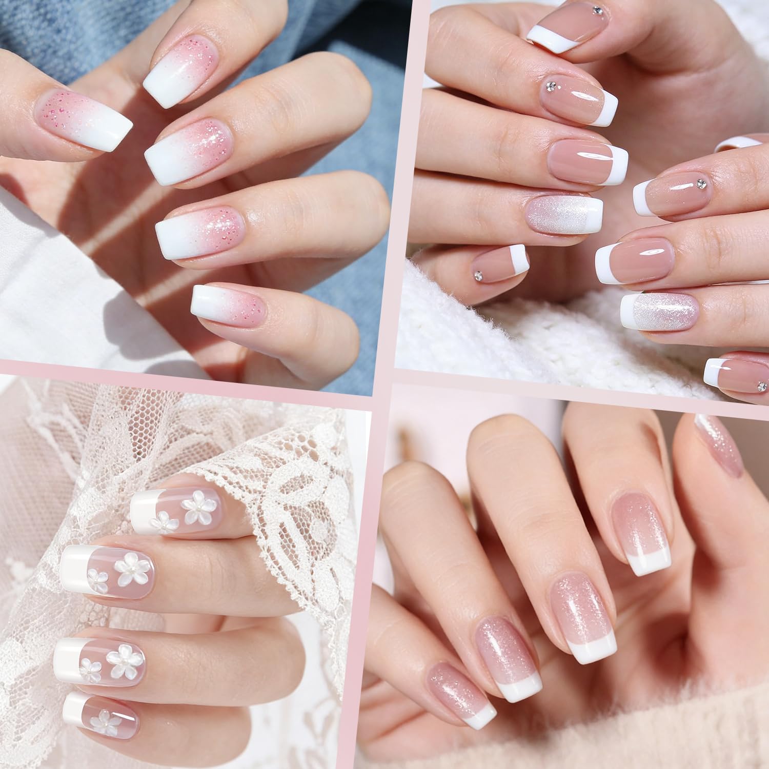 Ranrose white French tip nails closeup showing crisp edge.