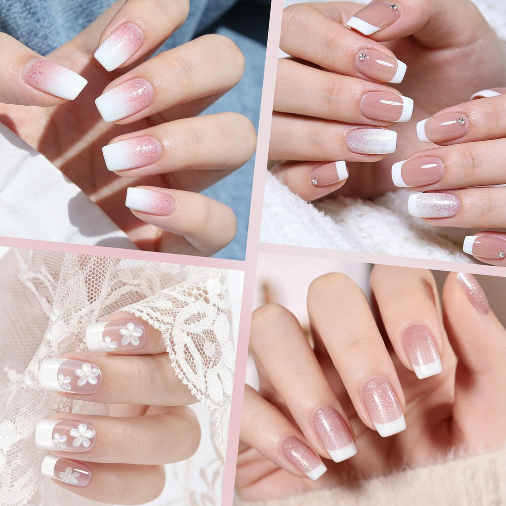 Ranrose white French tip nails closeup showing crisp edge.