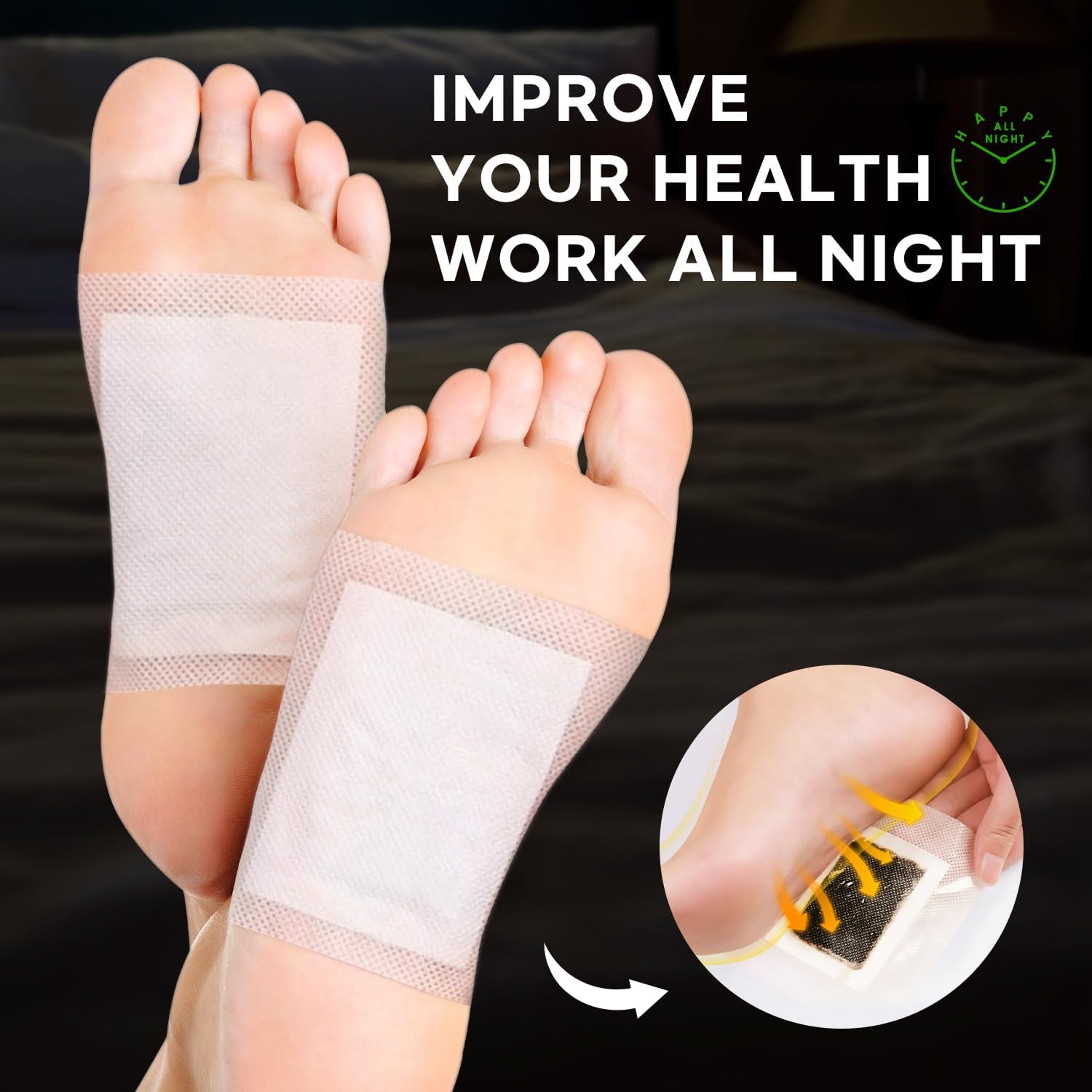 Rantherm bamboo-ginger foot patch applied to the sole for overnight relaxation.
