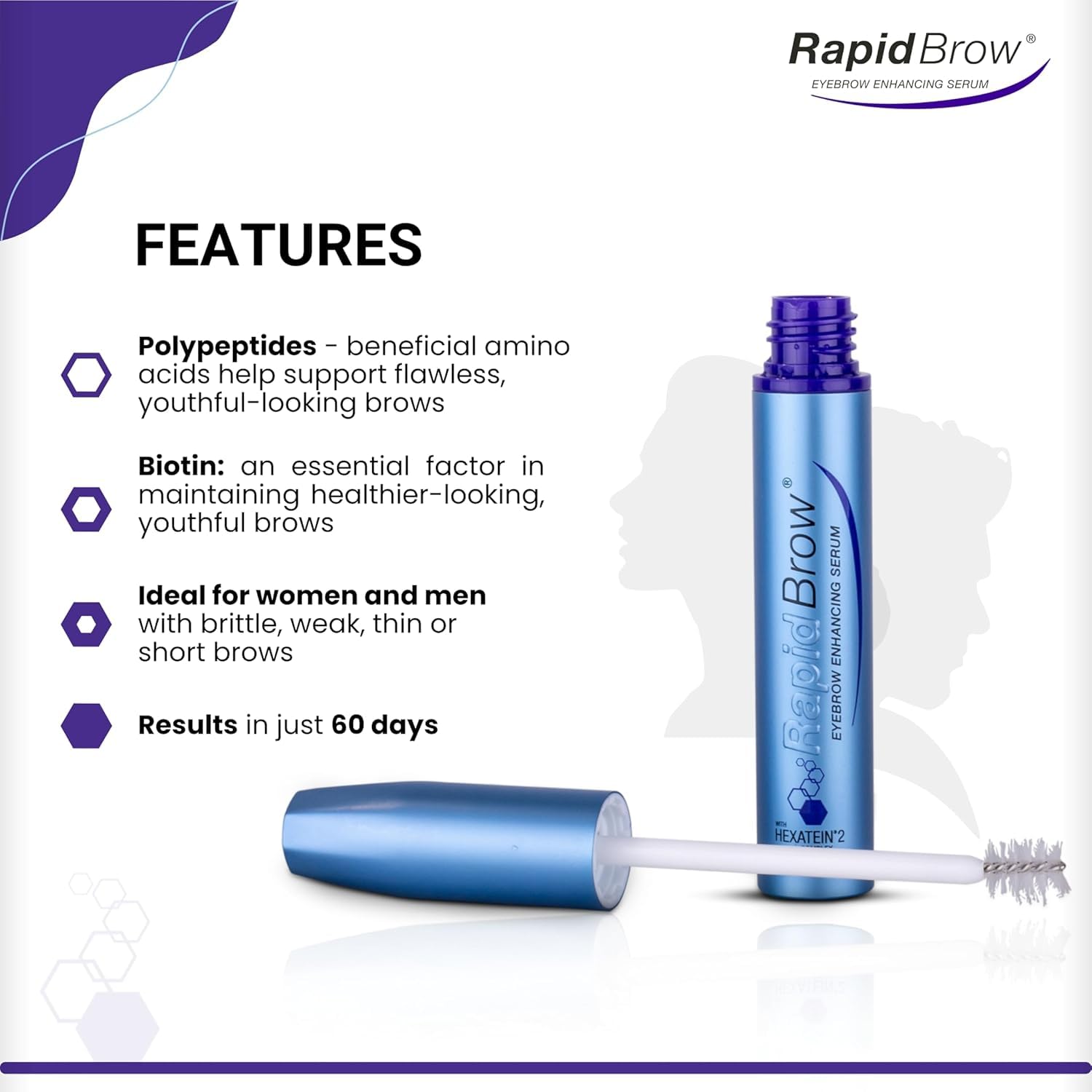 RapidBrow serum on brow hairs showing hydrated, healthier-looking texture