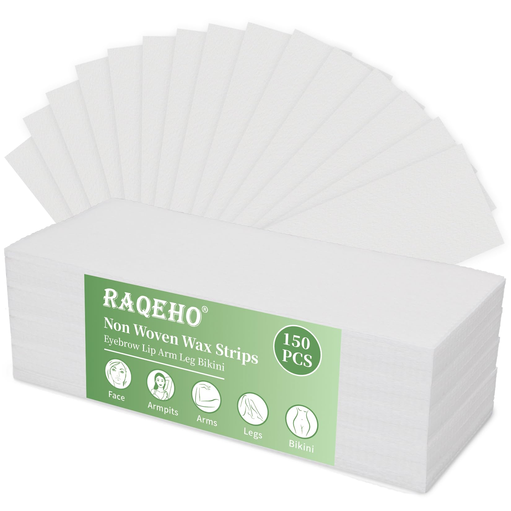 RAQEHO 150 non-woven wax strips packaging ready for home waxing.