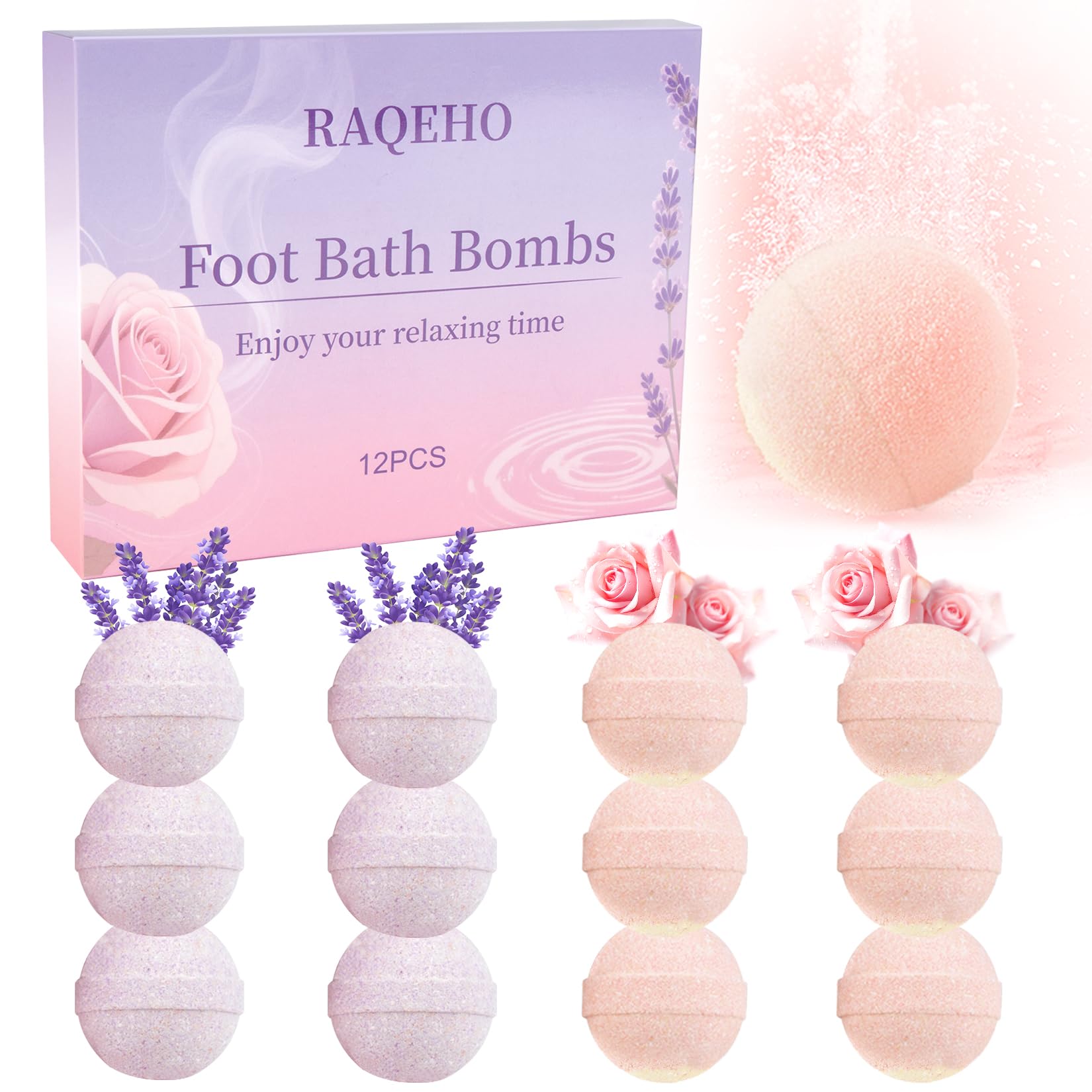 RAQEHO bombas-pies rosas-lavanda-empacado: hidratación suave lista para viajar.