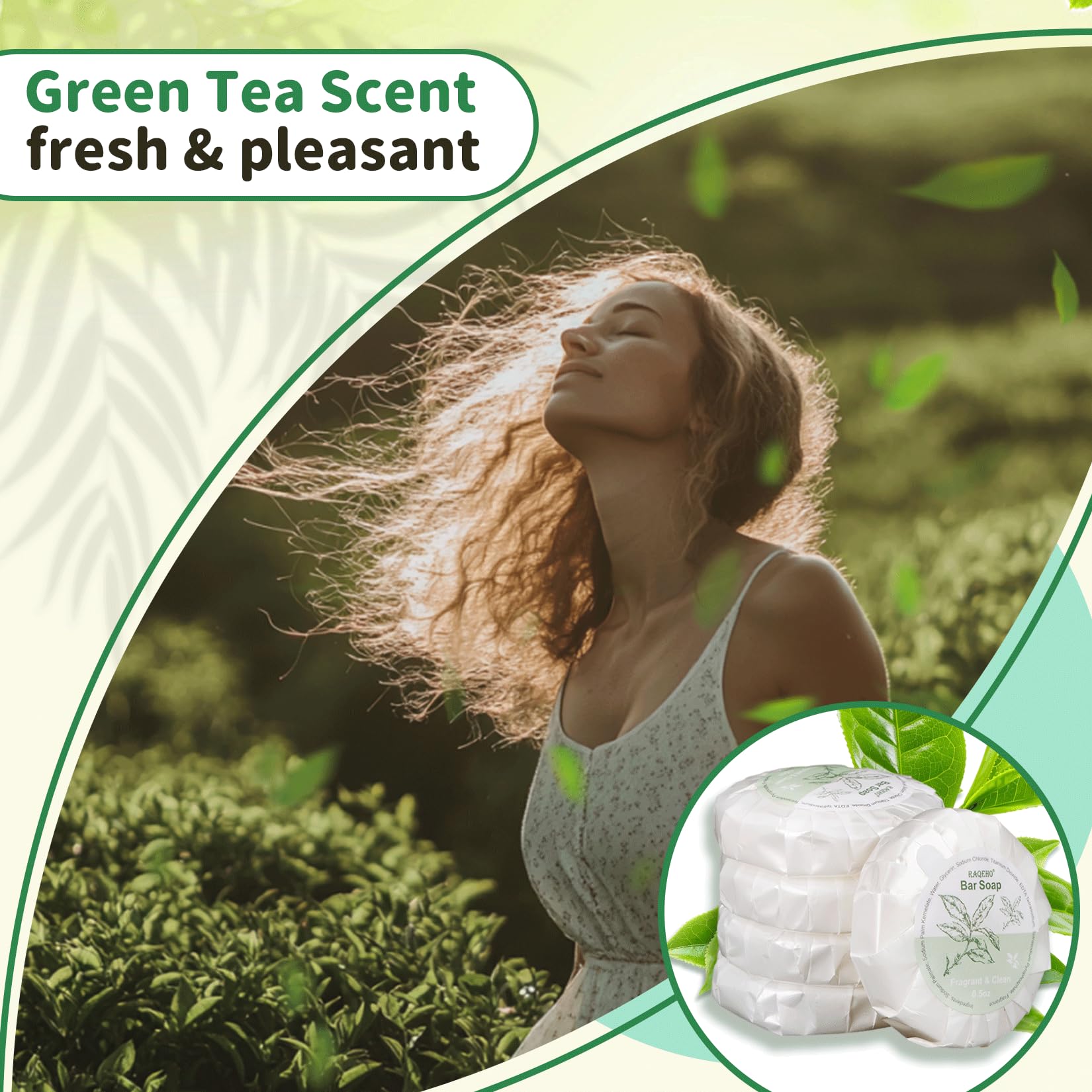 RAQEHO jabón té verde aroma fresco para limpieza suave de manos.