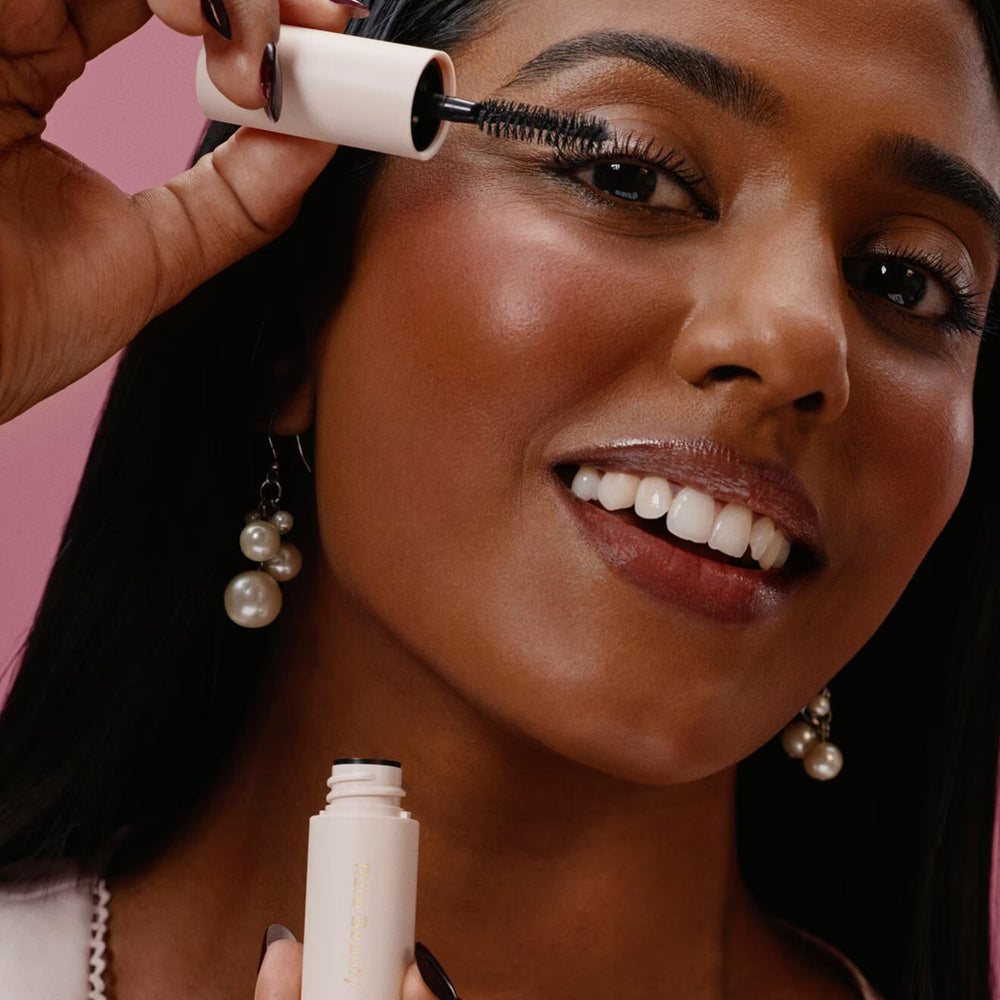 Rare Beauty lash and brow essentials set packaging shown for on-the-go use.
