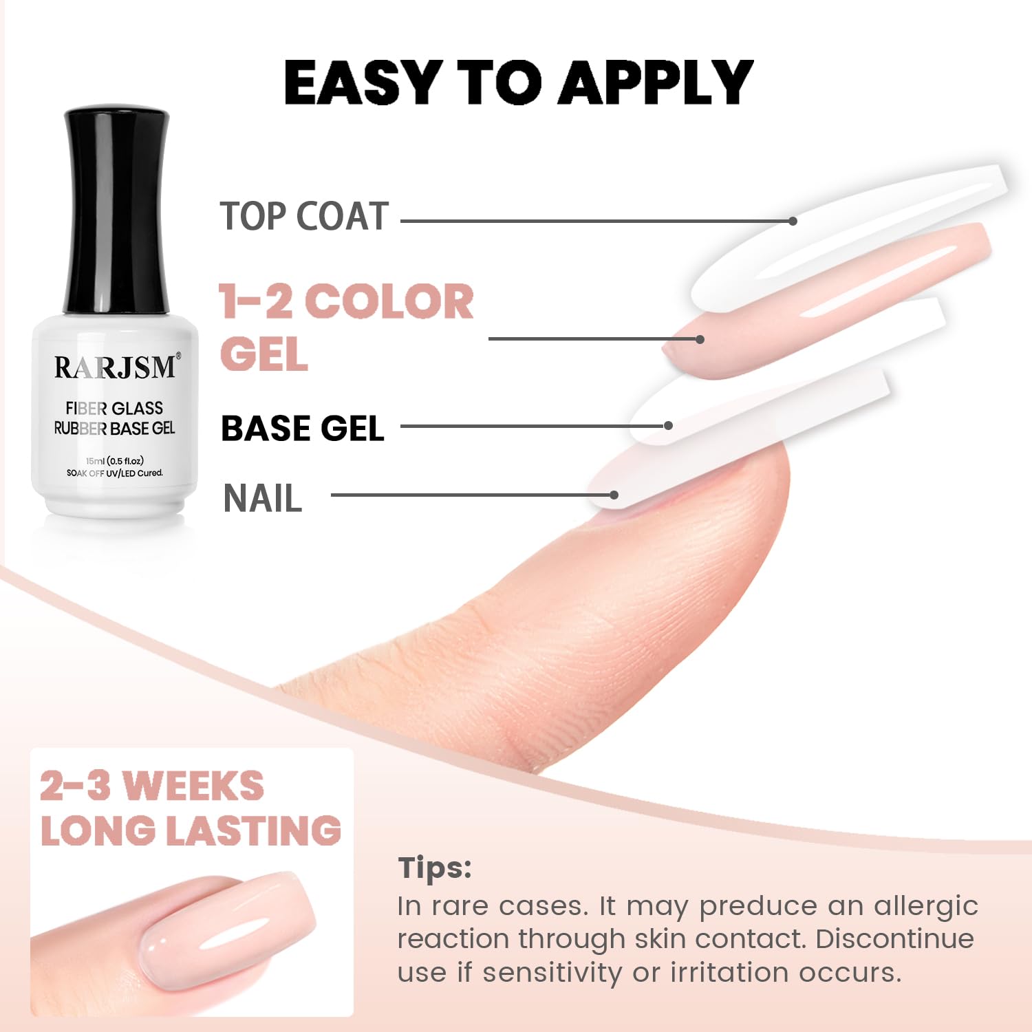 RARJSM brush on base gel offers precise coverage with a glossy finish.