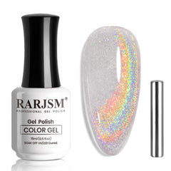 RARJSM holographic rainbow cat eye gel polish bottle with magnet for a dazzling 3D effect.