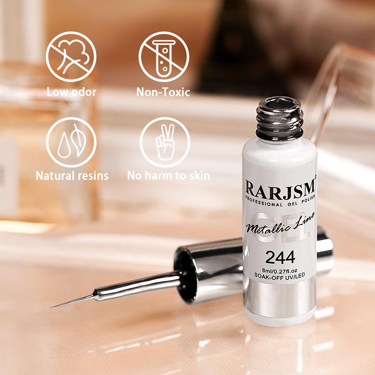 RARJSM gel liner bottle closeup shows built-in thin brush for precise lines.