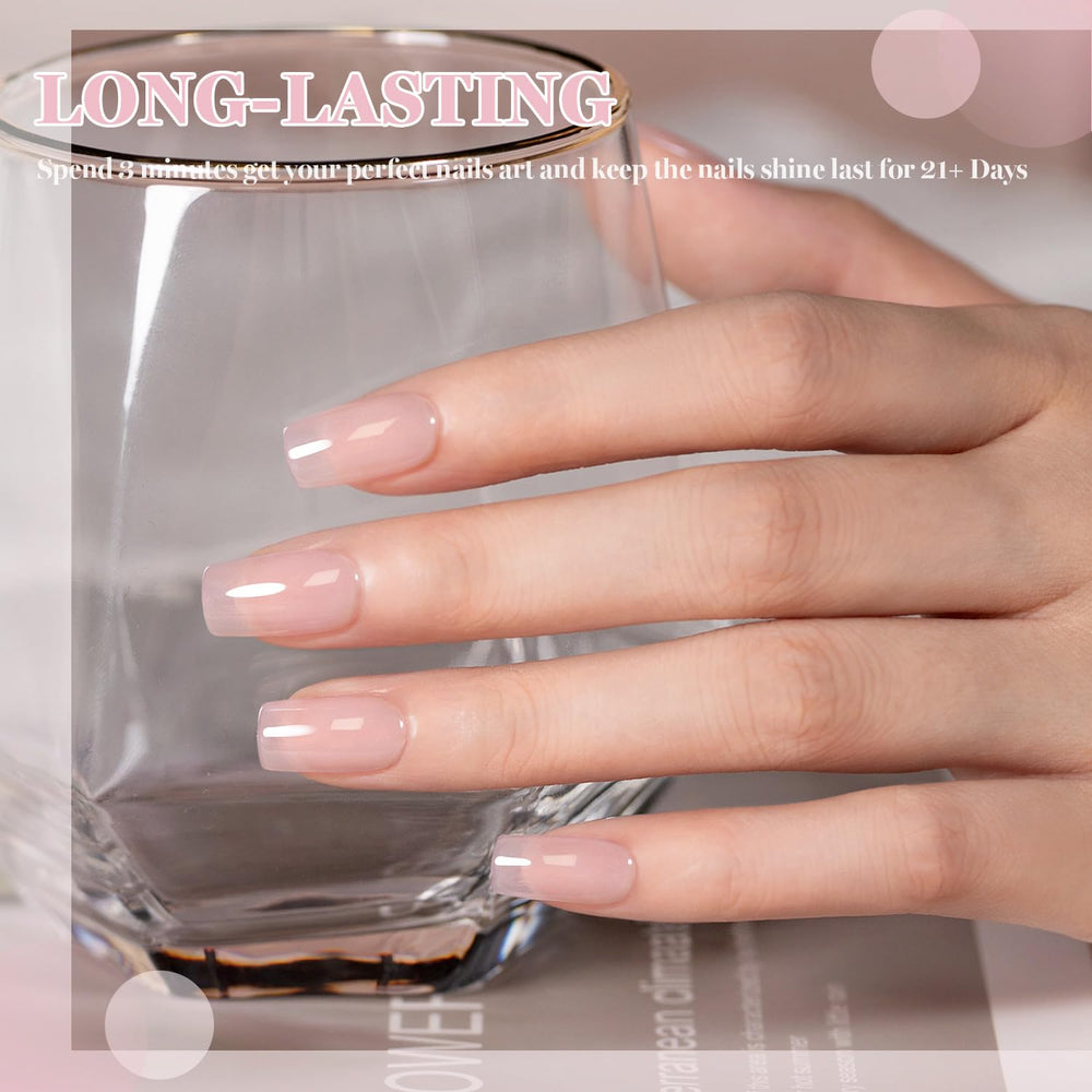 RARJSM gel brush applying nude pink polish for a smooth home manicure.
