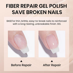 RARJSM transparent base gel with invisible fibers improves adhesion for longer lasting color.