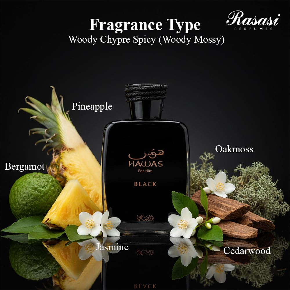 RASASI Hawas Black base notes display oakmoss and amber for a lasting character.