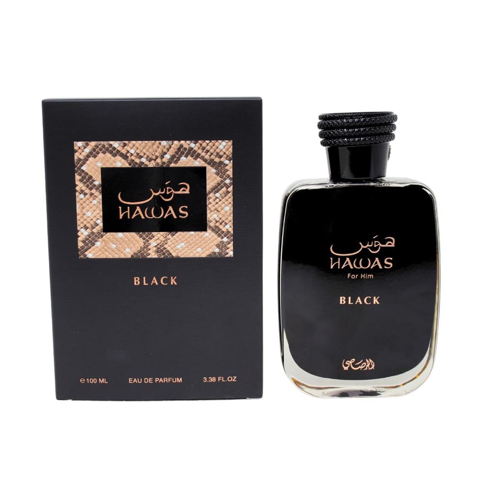 RASASI Hawas Black bottle side view emphasizing grapefruit and oud for a bold impression.