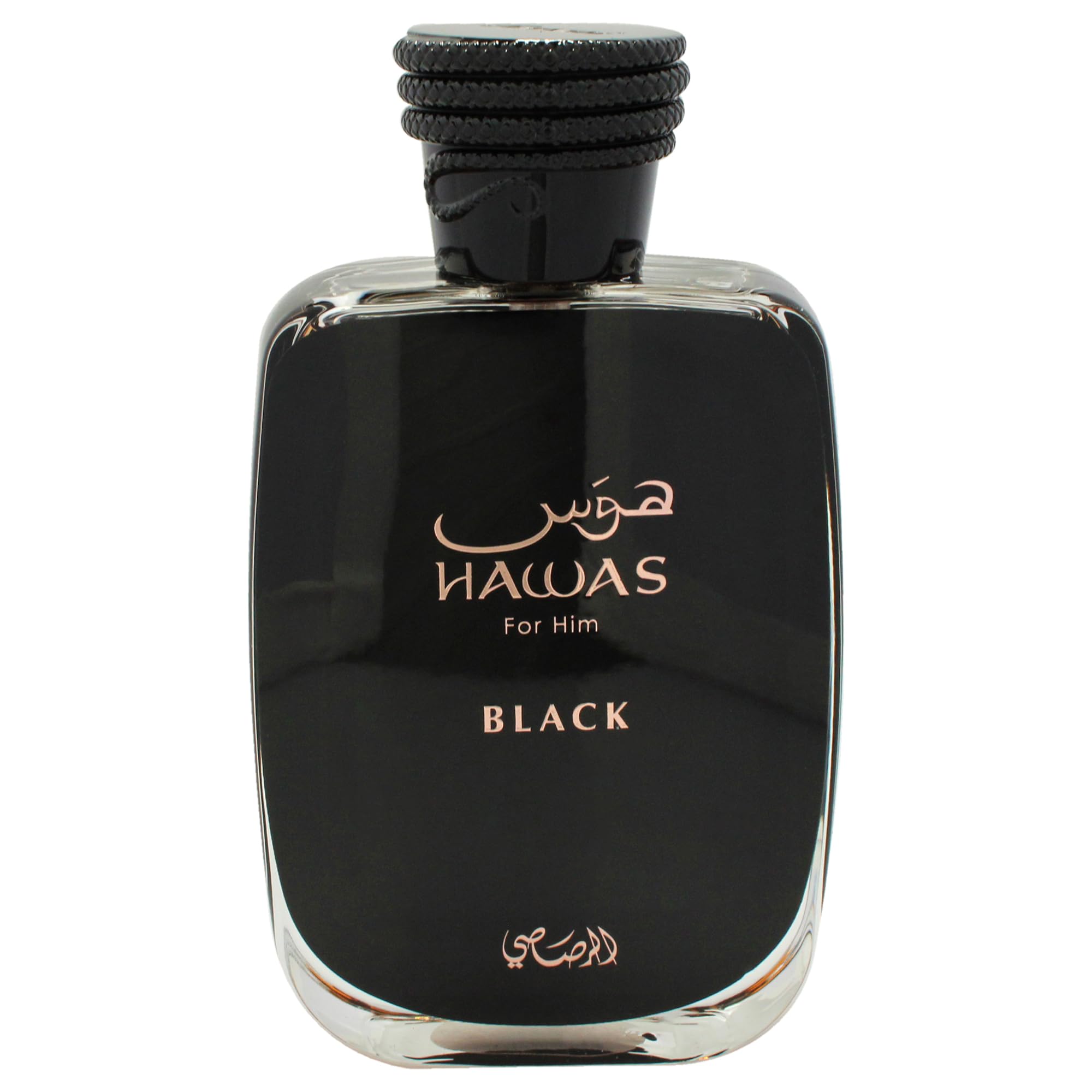 Rasasi Hawas Black bottle wood-grain base, warm and sophisticated aura.