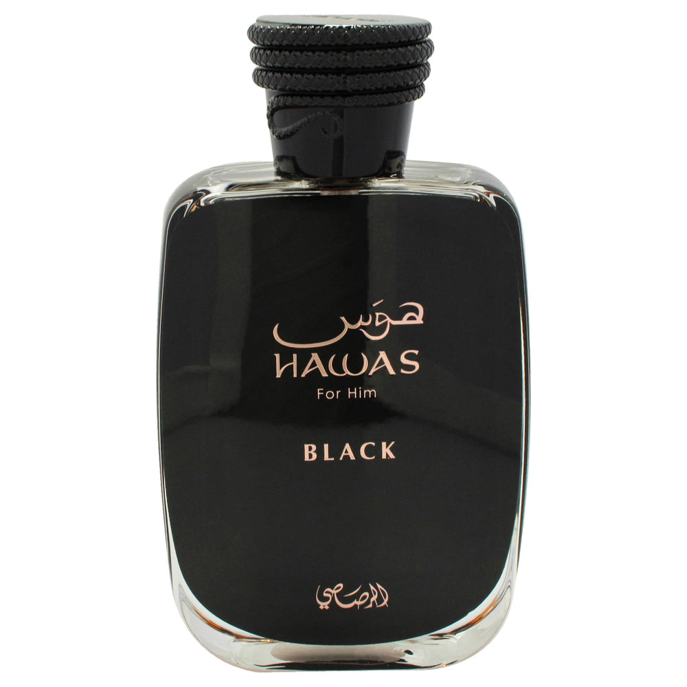 Rasasi Hawas Black bottle wood-grain base, warm and sophisticated aura.