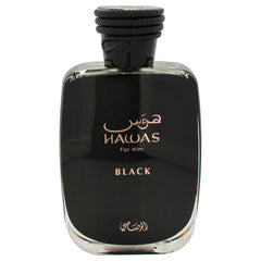 Rasasi Hawas Black bottle wood-grain base, warm and sophisticated aura.