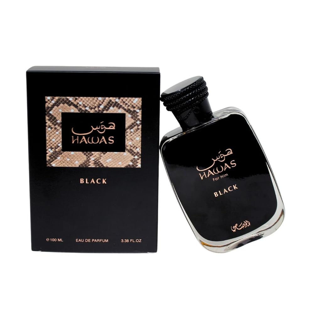 RASASI Hawas Black cap closeup highlighting cedarwood and jasmine for refined style.