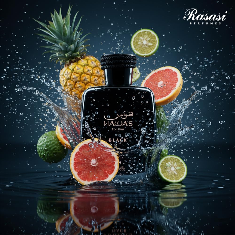 RASASI Hawas Black mid-notes imagery focusing on cedarwood and patchouli for depth.