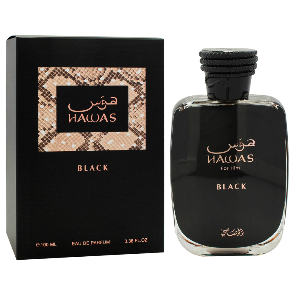Rasasi Hawas Black spray-action shot, highlights generous 3.38 oz bottle.