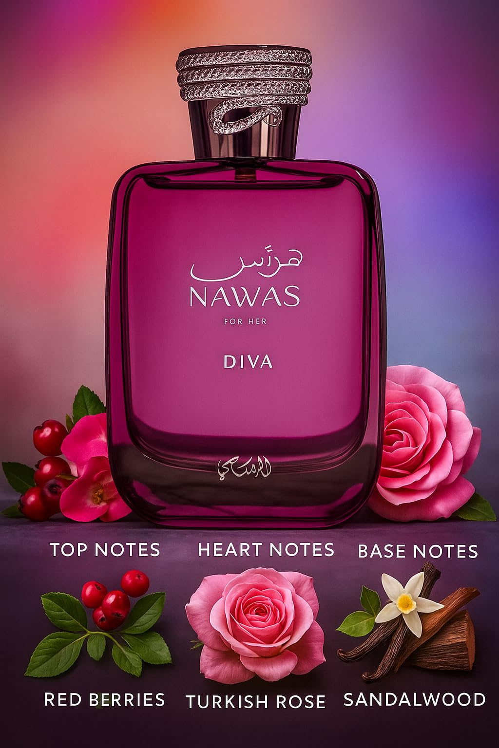 RASASI Hawas Diva top notes capture red fruits and lychee for a fresh start.