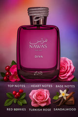 RASASI Hawas Diva top notes capture red fruits and lychee for a fresh start.