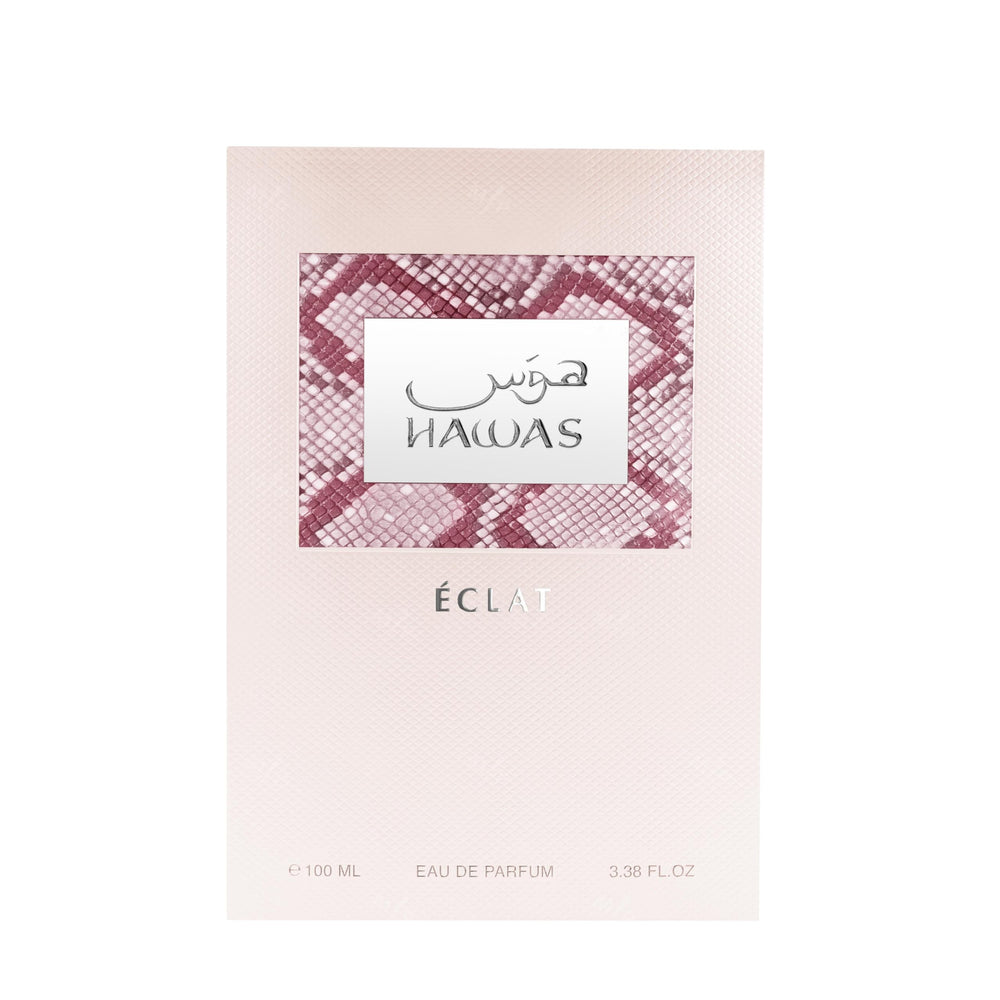 Rasasi Hawas Eclat bottle close-up showing the rose-gold cap for luxury