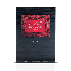 RASASI Hawas Fire amber notes close-up hint at warm, inviting scent.
