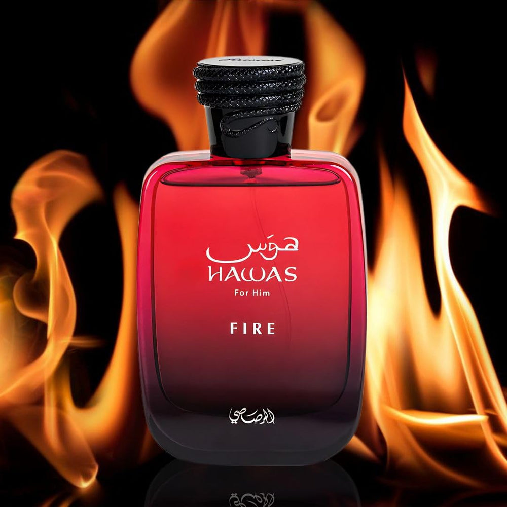 RASASI Hawas Fire masculine bottle design complements sophisticated outfits.
