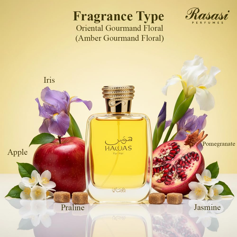 RASASI Hawas for Her liquid inside glass shows clear fragrance notes
